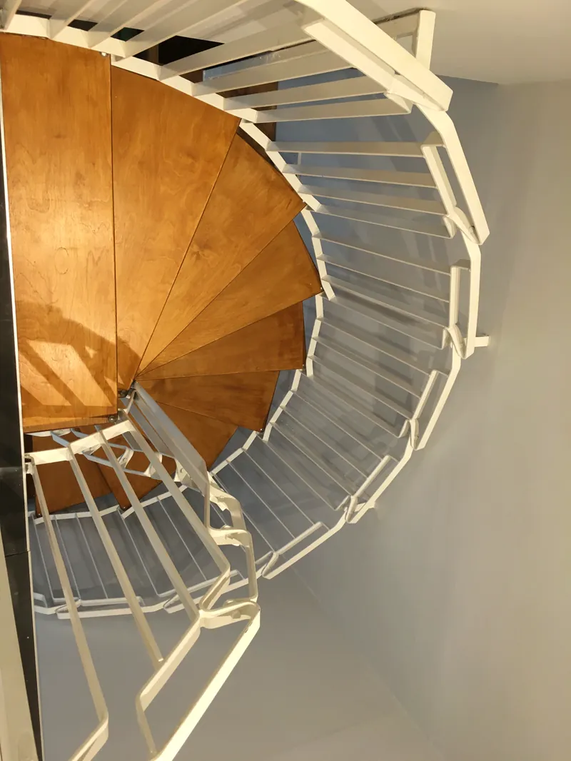 Looking down a spiral staircase, its warm wooden treads fanning out like a sunburst